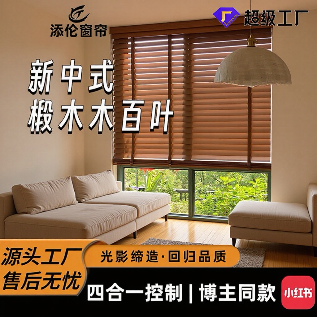 严选木百叶批发实木椴木新中式百叶窗复古阳台窗帘遮光卧室电动