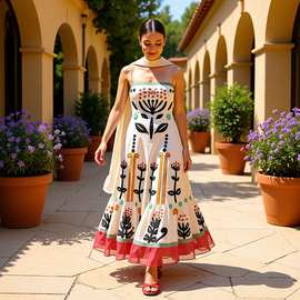 2024春欧美风跨境新品时尚民族风吊带花朵刺绣图片薄纱压褶连衣裙