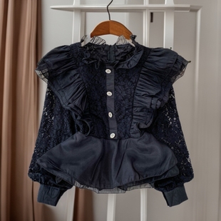 歐美歐美重工蕾絲拼接立領襯衫女2025新款名媛收腰顯瘦蓬蓬荷葉邊