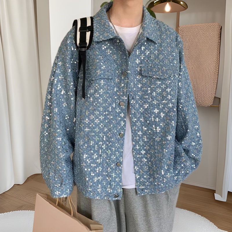 Trendy Brand High-grade Knitted Jacket Men's Spring New vintage Korean Style Casual Loose Sequin Fried Street Denim Jacket