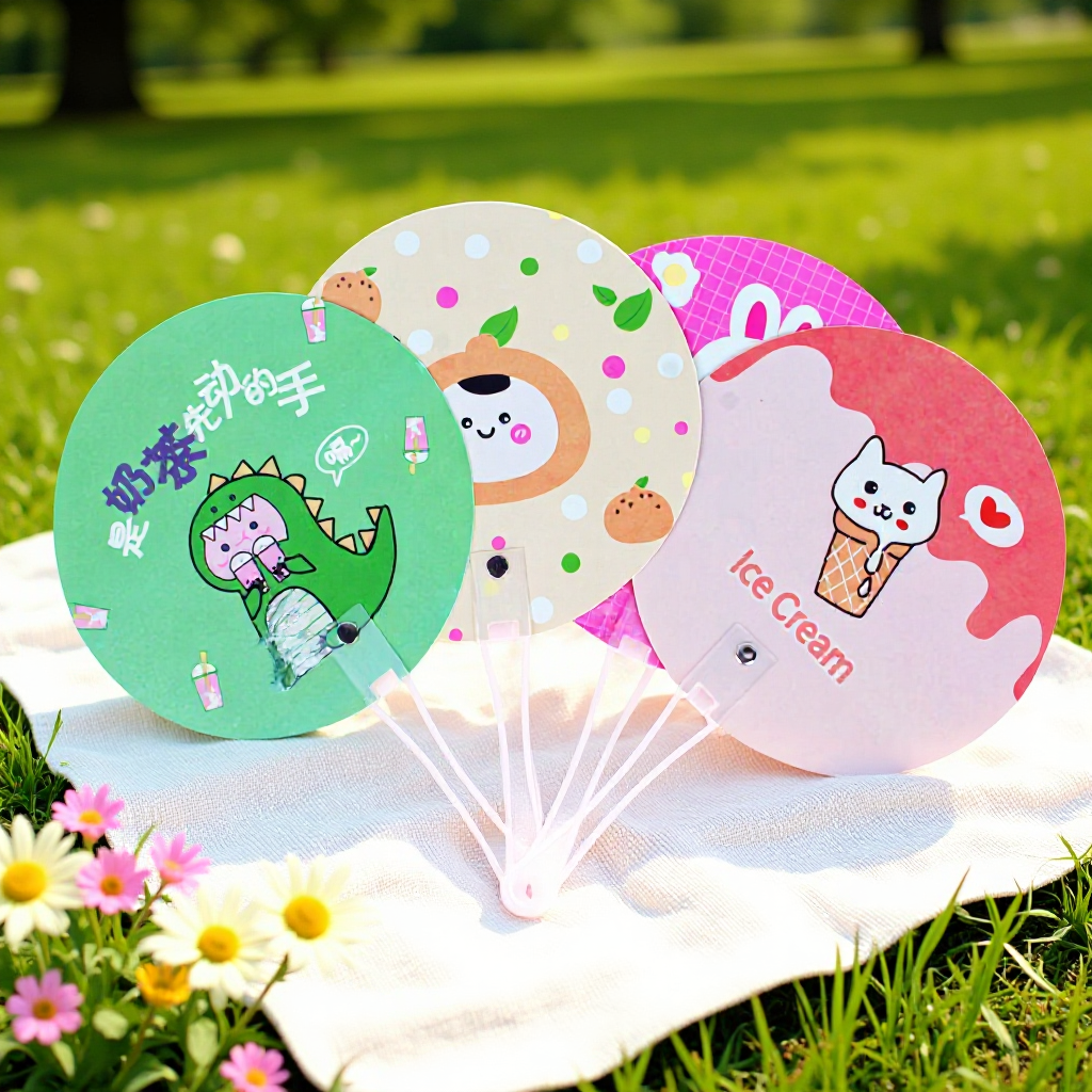 Patrón de dibujos animados lindo de verano, abanico de grupo portátil para estudiantes, abanico redondo portátil, abanico de mano para niños, regalo de empuje