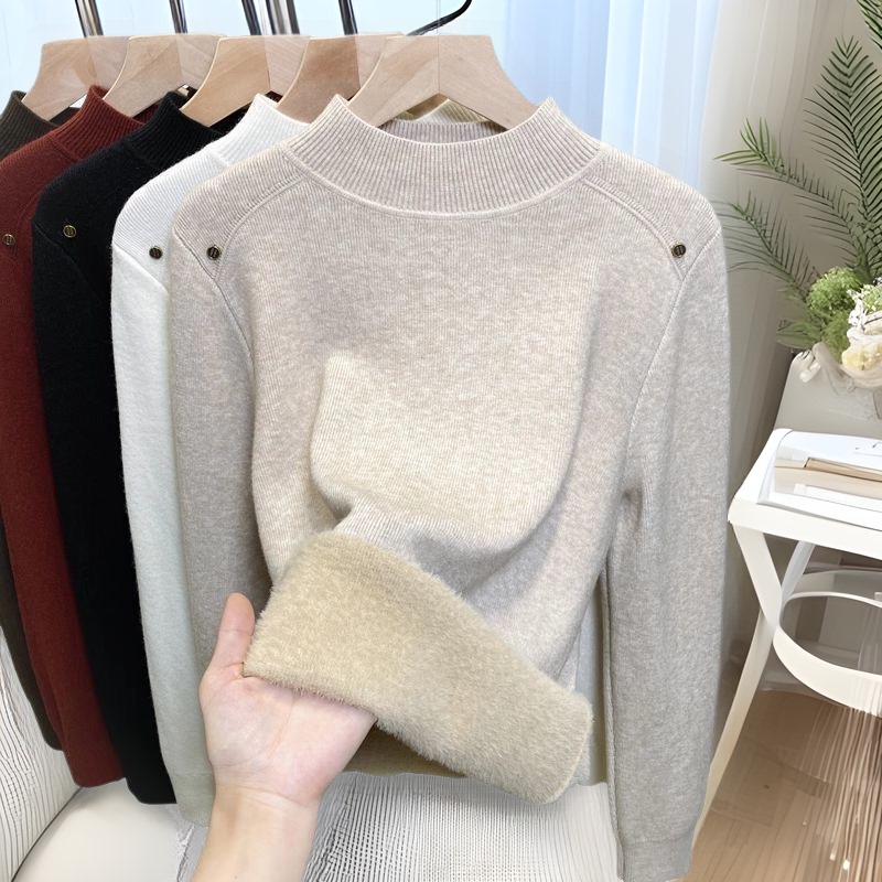One-Piece Fleece Half-Turtleneck Sweater for Women, Thickened and Fleece-Lined Base Layer, 2026 Autumn and Winter New Style Knitwear, Trendy Inner Wear Top