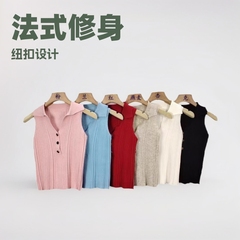 小香风纽扣Polo领针织背心女春季法式无袖独特别致修身上衣打底衫