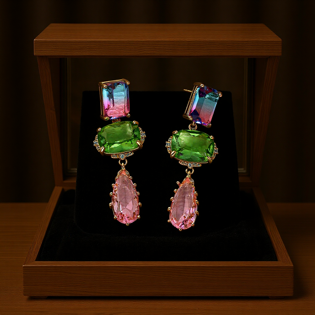 Retro copper earrings with zircon drop-shaped