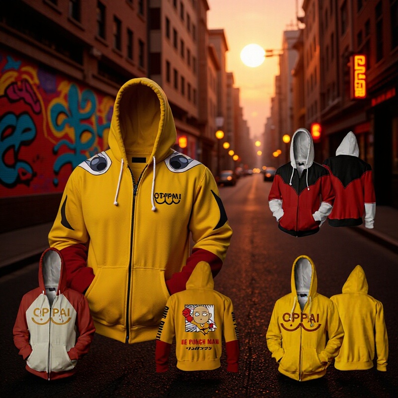 Cross-Border Japanese Anime One-Punch Man Saitama-Style Hooded Sweatshirt Digital Print Cosplay Zip-Up Jacket for Men and Women