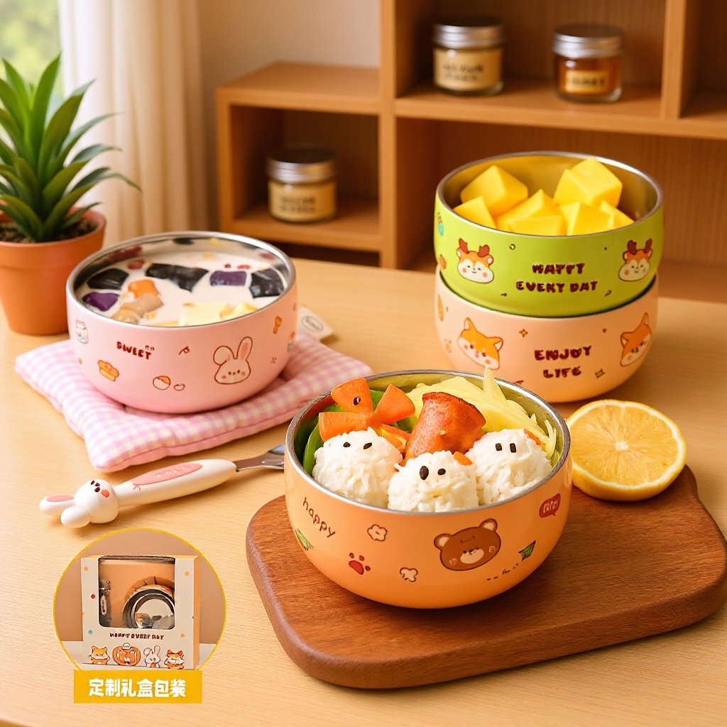 316 Stainless Steel Cartoon Bowl for Kidsren, Thickeneded Anti-Fall Soup Bowl, Household Baby Double-Layer Insulated Student Bowl Tableware