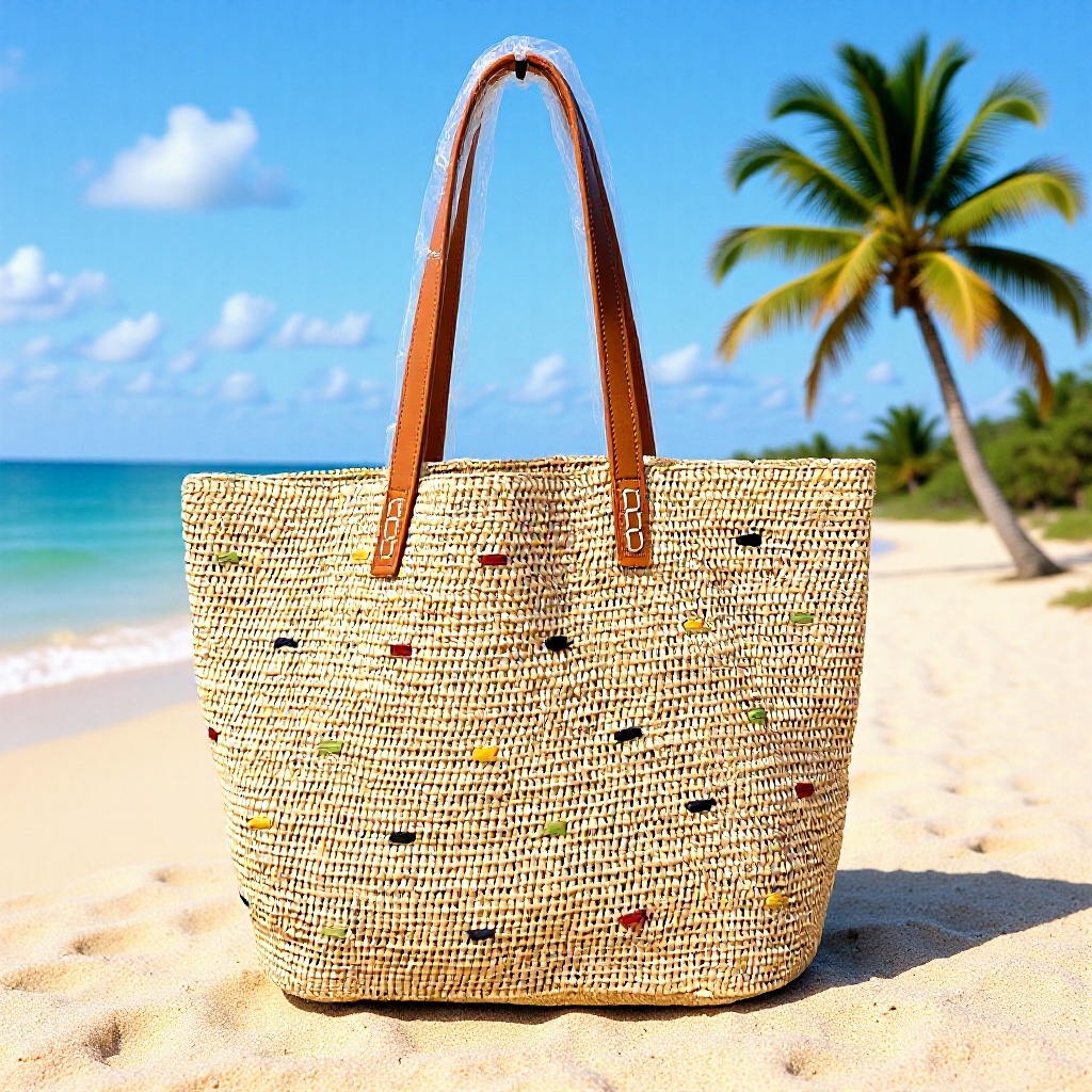 Japanese Style Hand-Crocheted Raffia Spliced Genuine Leather Strap Woven Bag For Women, Beach Vacation Embroidered Tote Shoulder Bag