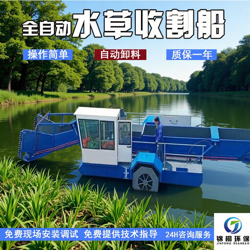 河北小型水草收割机械 湖面打捞菹草设备 全自动芦苇割草船