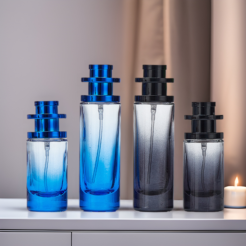 渐变色玻璃香水瓶圆柱形按压喷雾瓶螺口化妆品分装精油乳液小样瓶