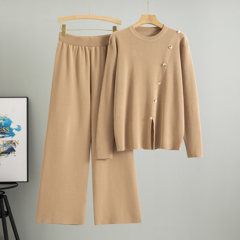 Korean Style Gentle Solid Color Knit Suit Pants Autumn New Round Neck Sweater Loose Wide-Leg Pants Fashionable Two-Piece Set