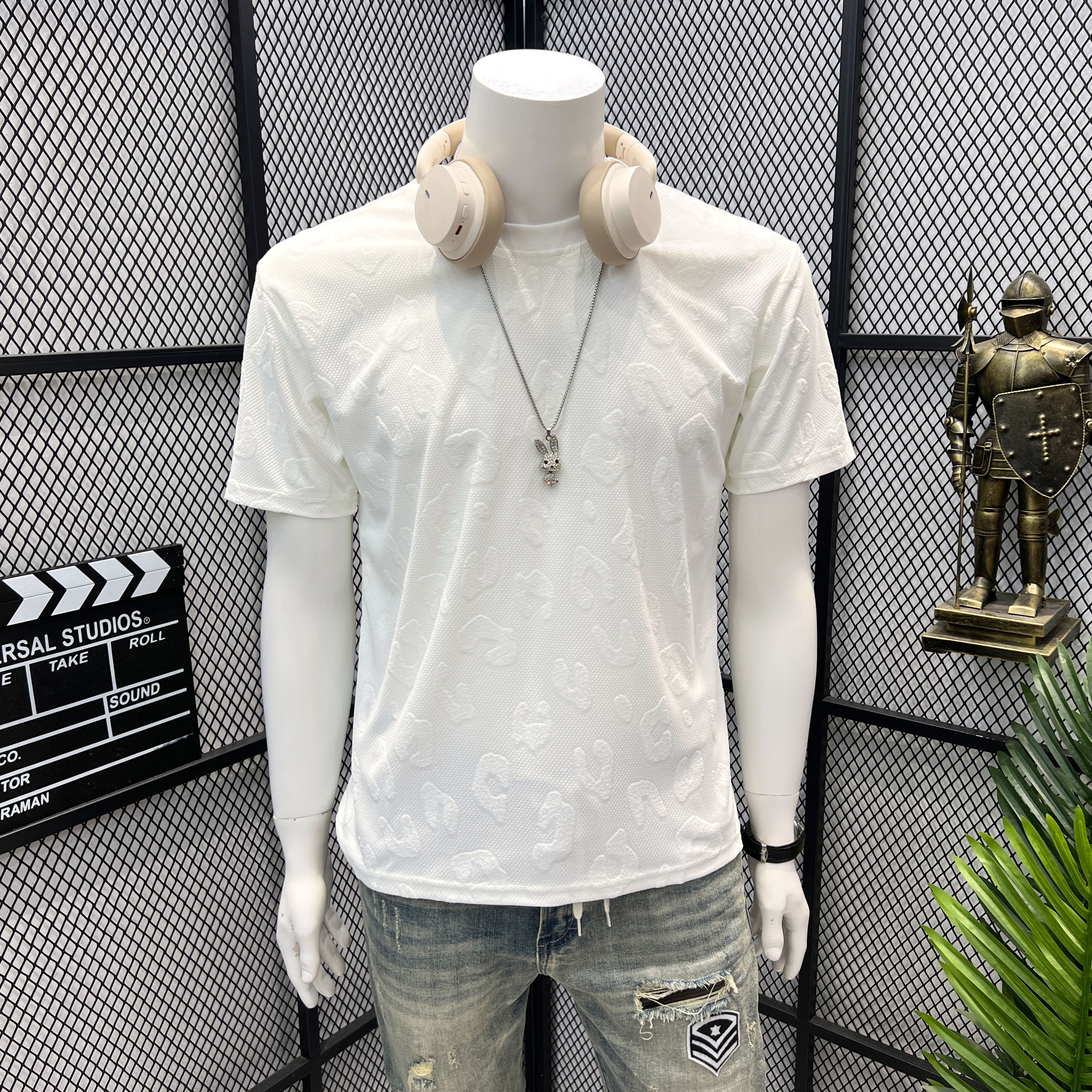 Trendy High-Street Short-Sleeve T-Shirt for Men, White Jacquard Korean Style Slim-Fit Shirt, Men's Trendy Brand Stylish Top