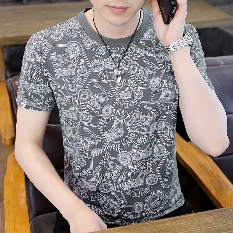 Men's Fashionable Ice Silk Top Summer New Half-Sleeved Short-Sleeved T-Shirt Printed Trendy Men's Thin Casual T-Shirt