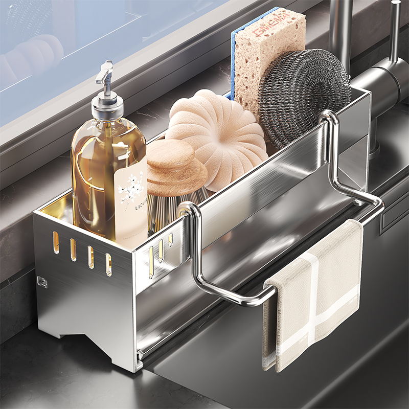 Kitchen Stainless Steel Sink Rack Dishwashing Sink Faucet Dishwashing Sponge Scouring Pad Rag Draining Rack