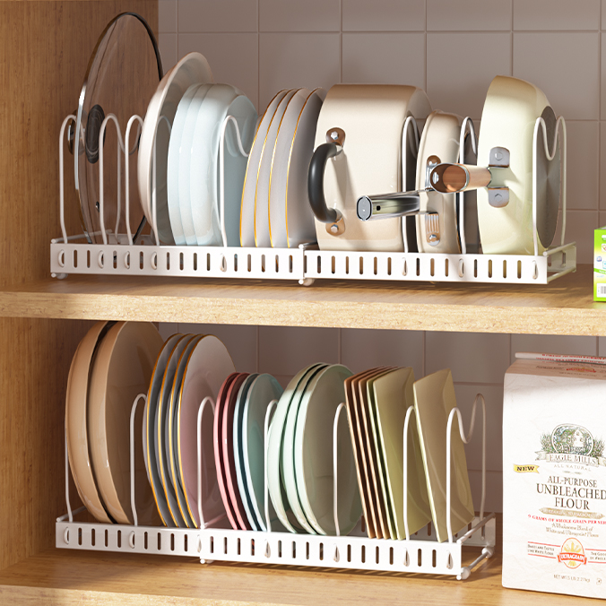 Adjustable Kitchen Pot Storage Rack, Built-In Cabinet Dish Storage Organizer, Countertop Pot Lid Holder