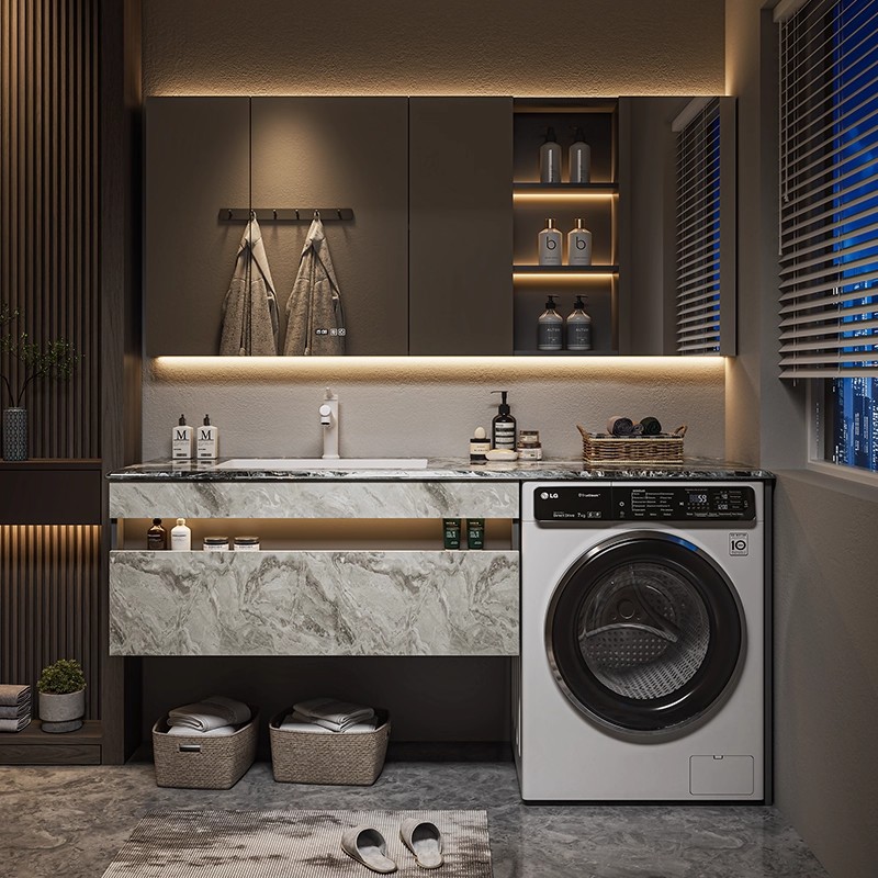 Modern Light Luxury Stone Bathroom Cabinet with Integrated Drum Washing Machine and Seamless Ceramic Basin for Washing Face and Hands