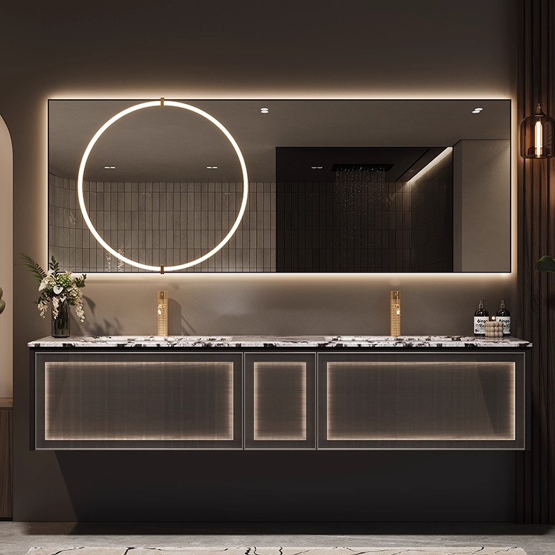 Designer High-End Bathroom Cabinet Set with Luxurious Stone Undermount Ceramic Double Basin for Washing Hands and Face