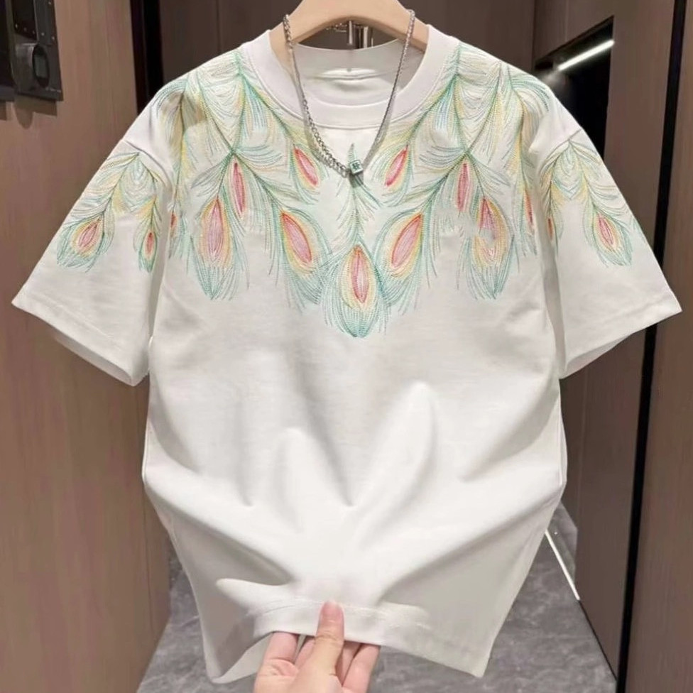 Summer New Style Chinese Trend Peacock Feather Embroidery Short-Sleeved T-Shirt Men's Trendy Casual Slim-Fit Round Neck Half-Sleeve Top