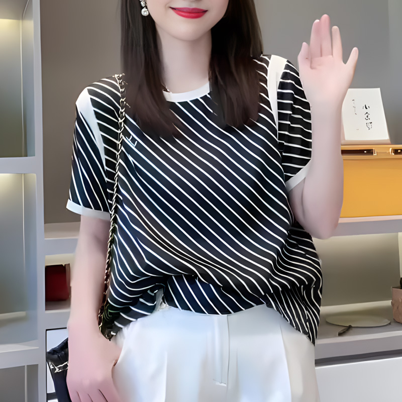 Black Round Neck Short-Sleeved T-Shirt for Women 2025 Summer New Style Light Luxury High-End Color-Blocking Striped Design Plus Size Top Trendy