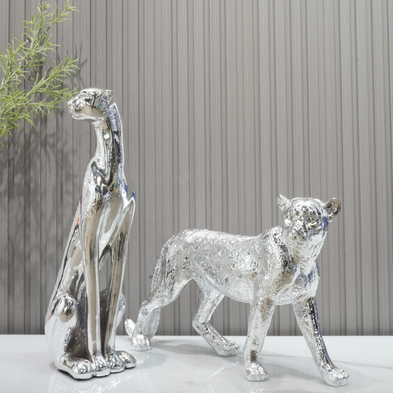 Light Luxury Modern Electroplated Silver Leopard Resin Ornament Flocking Gift Desktop Living Room Model Room Clubhouse Villa Decoration