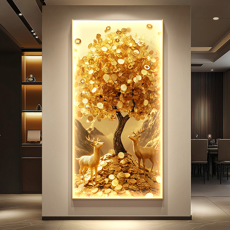Accessible Luxury rich tree porch decorative painting Golden two thousand corridor wall painting lamp Bring In Wealth and Treasure deer entrance door is facing the wall painting