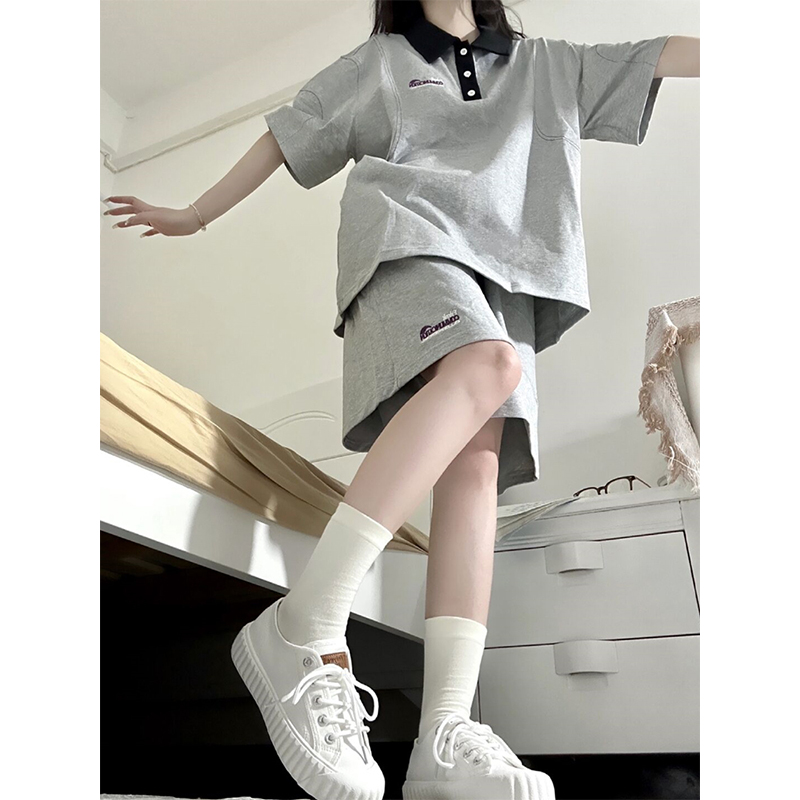 Polo Shirt Sports Suit for Women, Summer Student Korean Style Loose Fashion Short-Sleeved Shorts Casual Two-Piece Running Suit