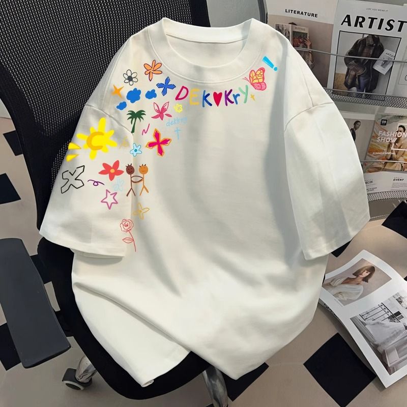 American-Style T-Shirt Short Sleeves for Men and Women, Summer 2025 New Style, Ins Floral Hand-Painted Print, High Street Versatile Half-Sleeve Top