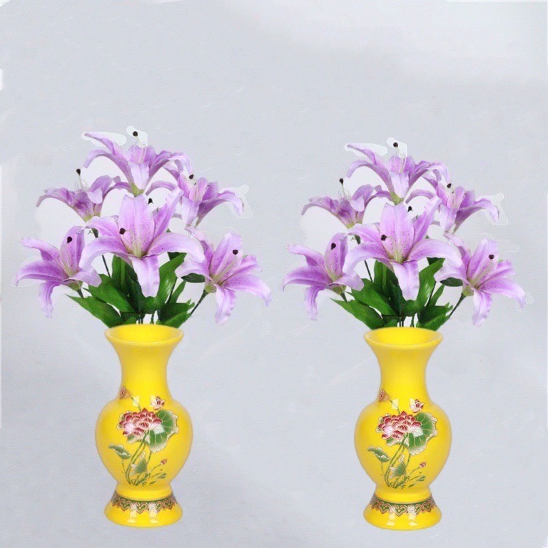 Hoa huệ tím 2 bó/chai gốm vàng 2 chiếc