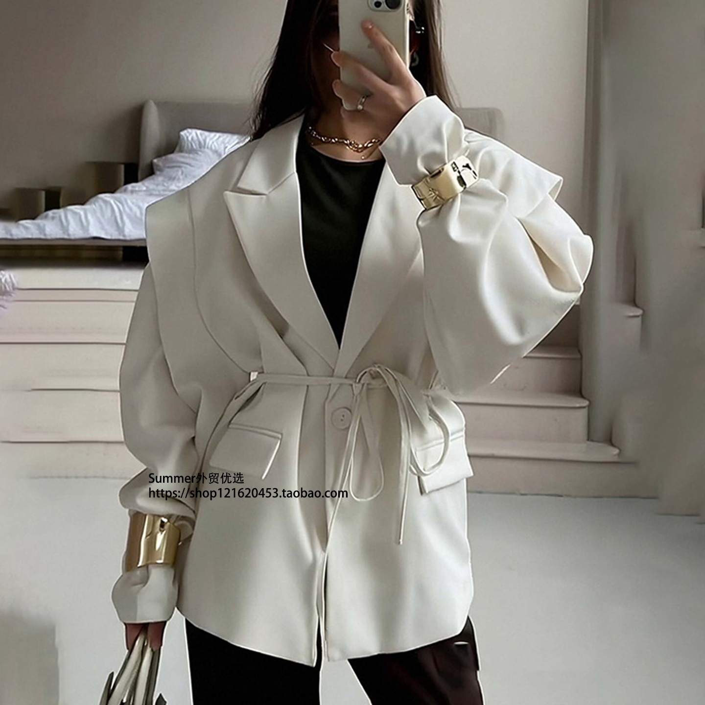 Plus Size Waist-Cinching Tie-Up Blazer for Women 2025 Autumn European and American Style Printed Blazer Suit Jacket