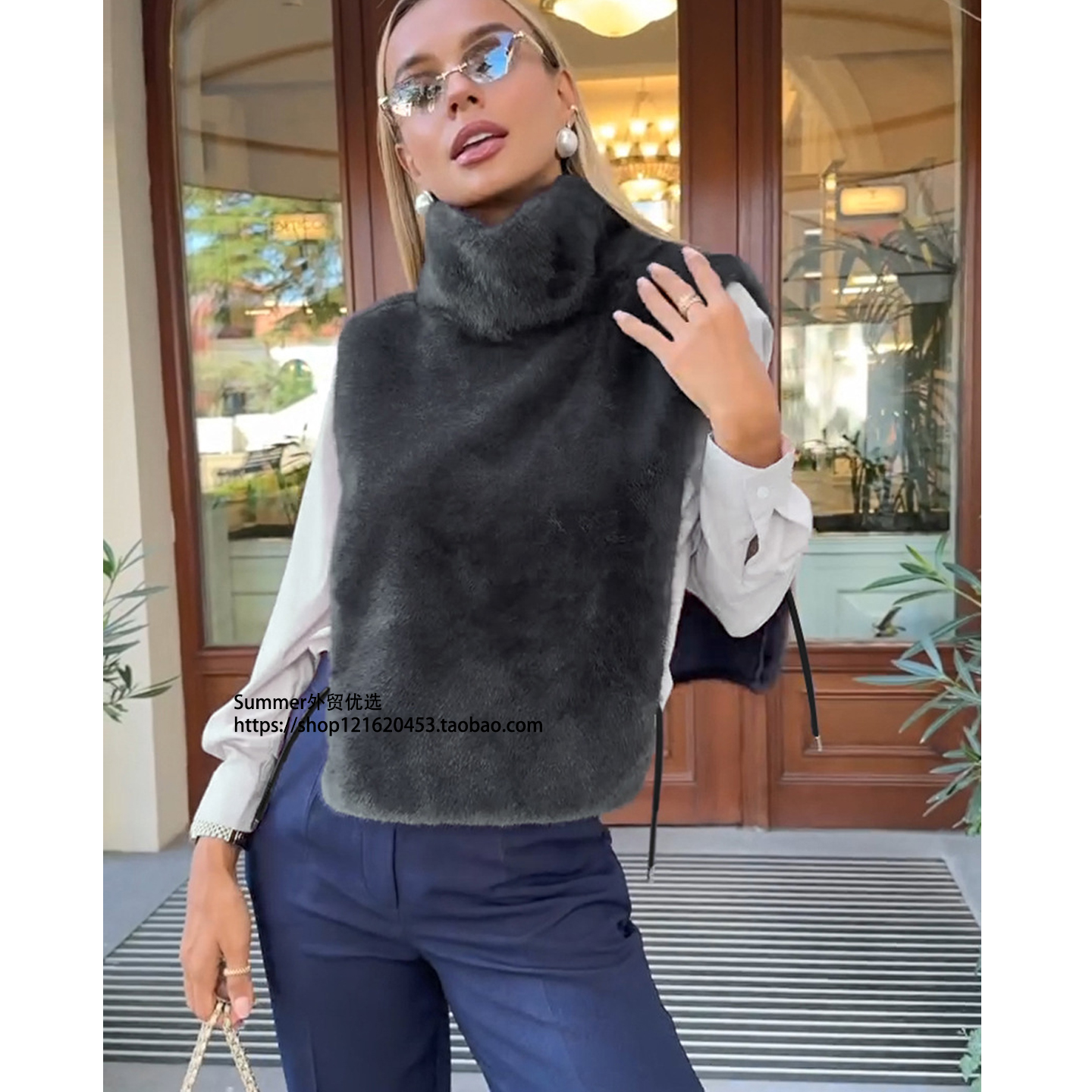 European and American Style 2025 Solid Color Half-High Collar Versatile Furry Sleeveless Top Women's Vest Mao Mao Vest