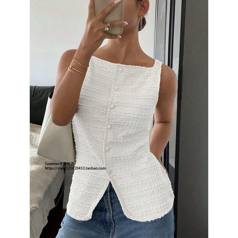 European and American Fashion Casual Sleeveless Vest Solid Color Button-Up Top T-Shirt Single-Breasted Vest Top