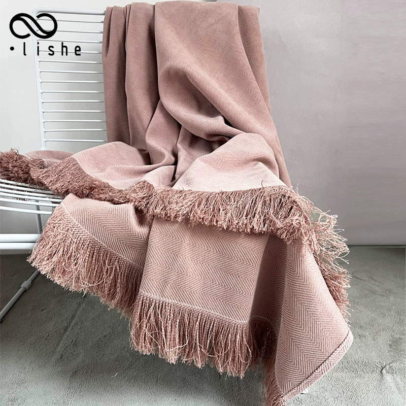 Solid color tassel bed tail towel olive green model room bed tail blanket photo decoration blanket sofa blanket green
