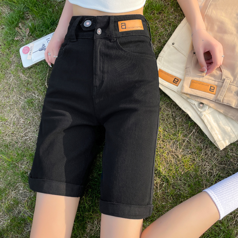 Women's Denim Shorts, Summer Thin Loose Wide-Leg Slimming 5-Point Black Pants, High-Waisted Straight Mid-Length Pants