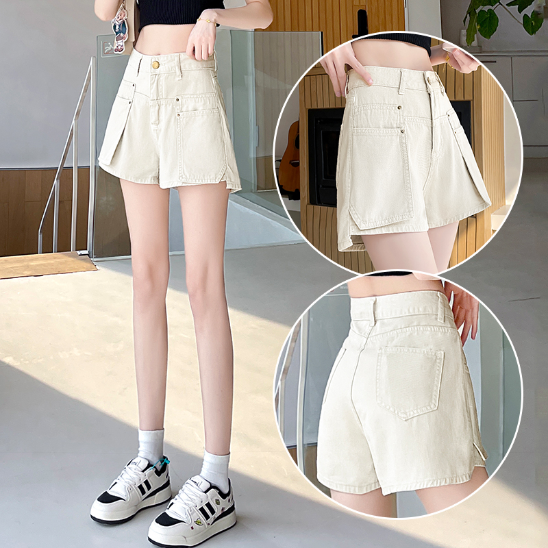 Workwear Denim Shorts for Women, Summer 2025, Thin Khaki Color, Hip-Covering, Slimming, High-Waisted, A-Line, Wide-Leg Hot Pants