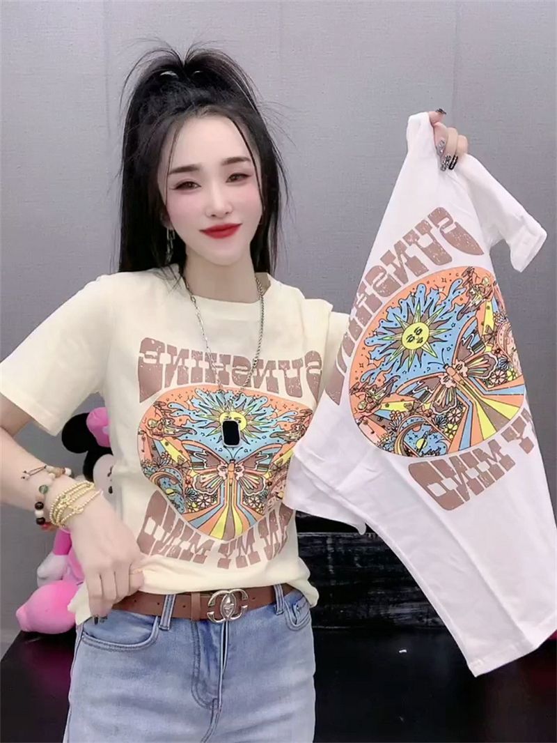 Women's Regular Shoulder Pure Cotton T-Shirt, 2025 Summer New Style, Letter Print Inner Layering Shirt, New Short-Sleeve Top for Women, Trendy Style ins
