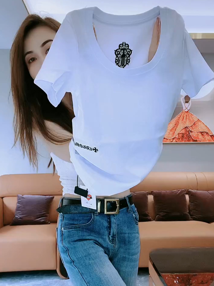 2024 Summer New Style Embroidered Letter U-Neck Pure Cotton Short-Sleeved T-Shirt for Women, Slim Fit, Elegant, Slimming, Versatile Casual Top