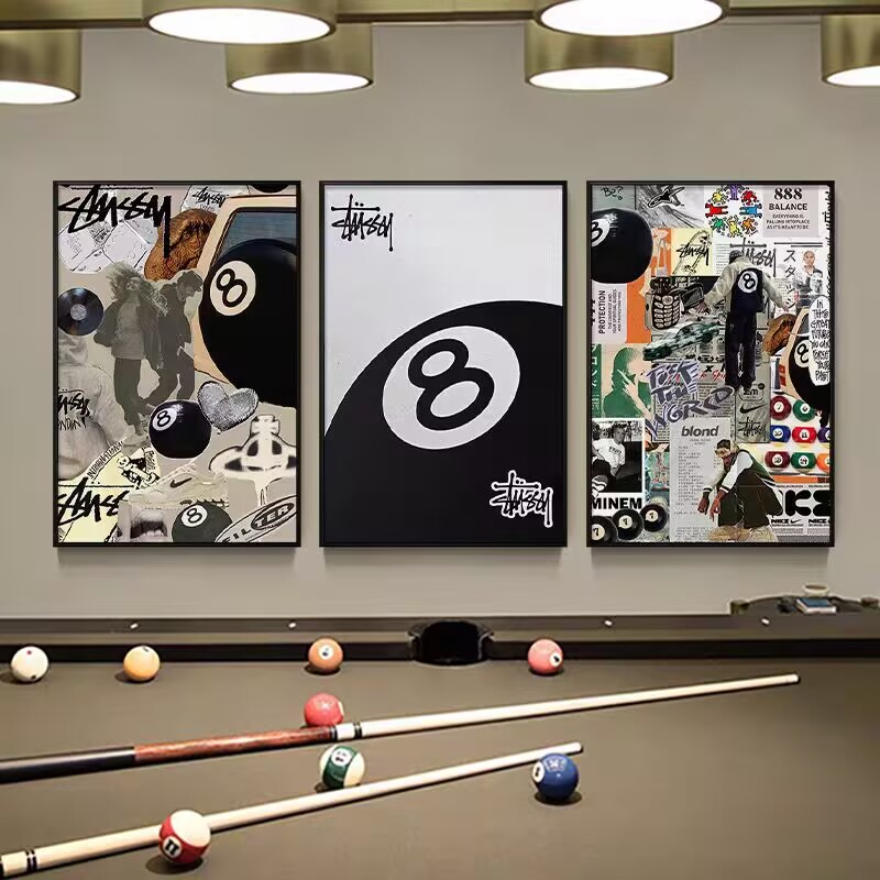 Black Eight-Ball Billiards Hall Wall Art, Billiard Room Club Wall Decoration Painting, Creative Graffiti Trendy Chess and Card Club Painting