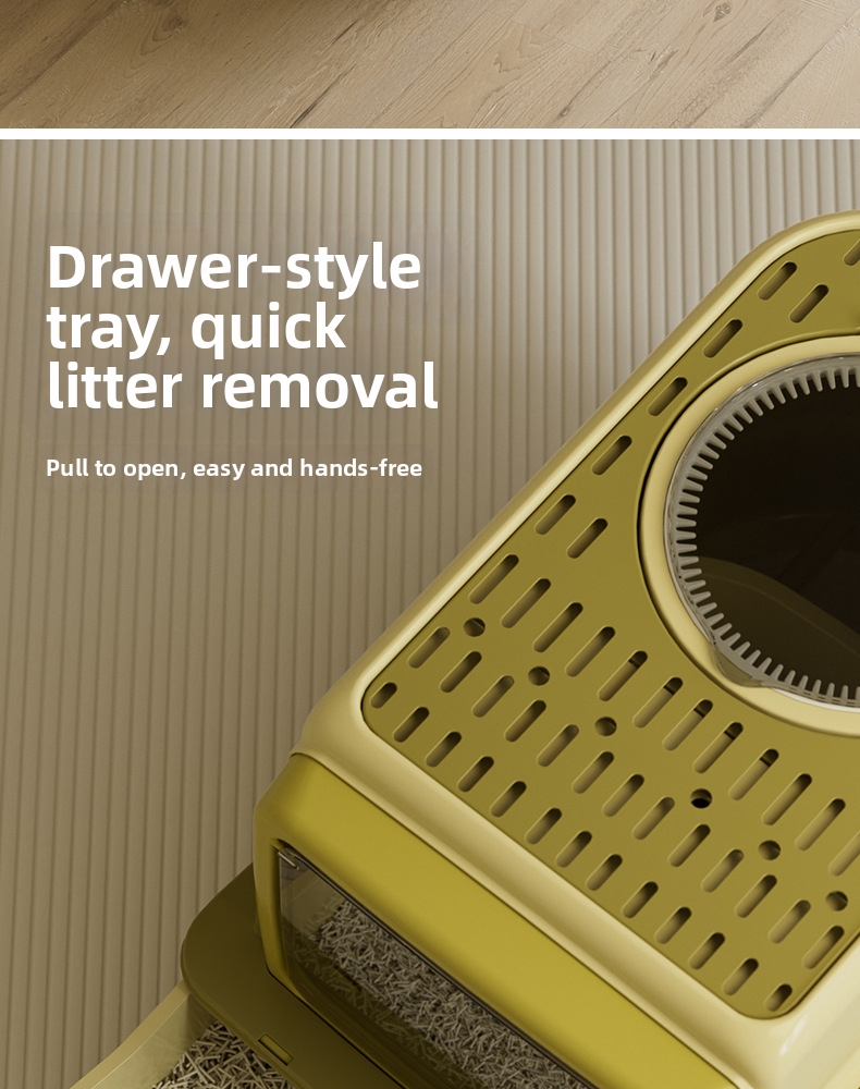 Qinggu Extra Large Olive Dreischicht-Katzentoilette mit Schublade, UV-C-Sterilisation, spritzwassergeschützt, Haustierbedarf_voghion.com