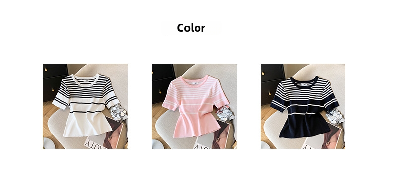 Damen T-shirt Aus Rippstrick, Gestreiftes Sommer Oberteil_voghion.com