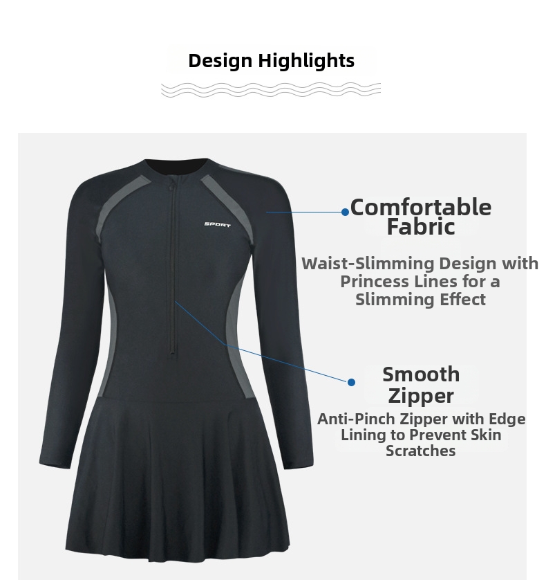 Damen Langarm Badeanzug Einteiler Sportlich Elegant Passform_voghion.com