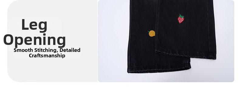 Unisex White Denim Jeans With Fruit Embroidery, Loose Straight Leg, Casual Comfort Fit For Men And Women_viptrois.com