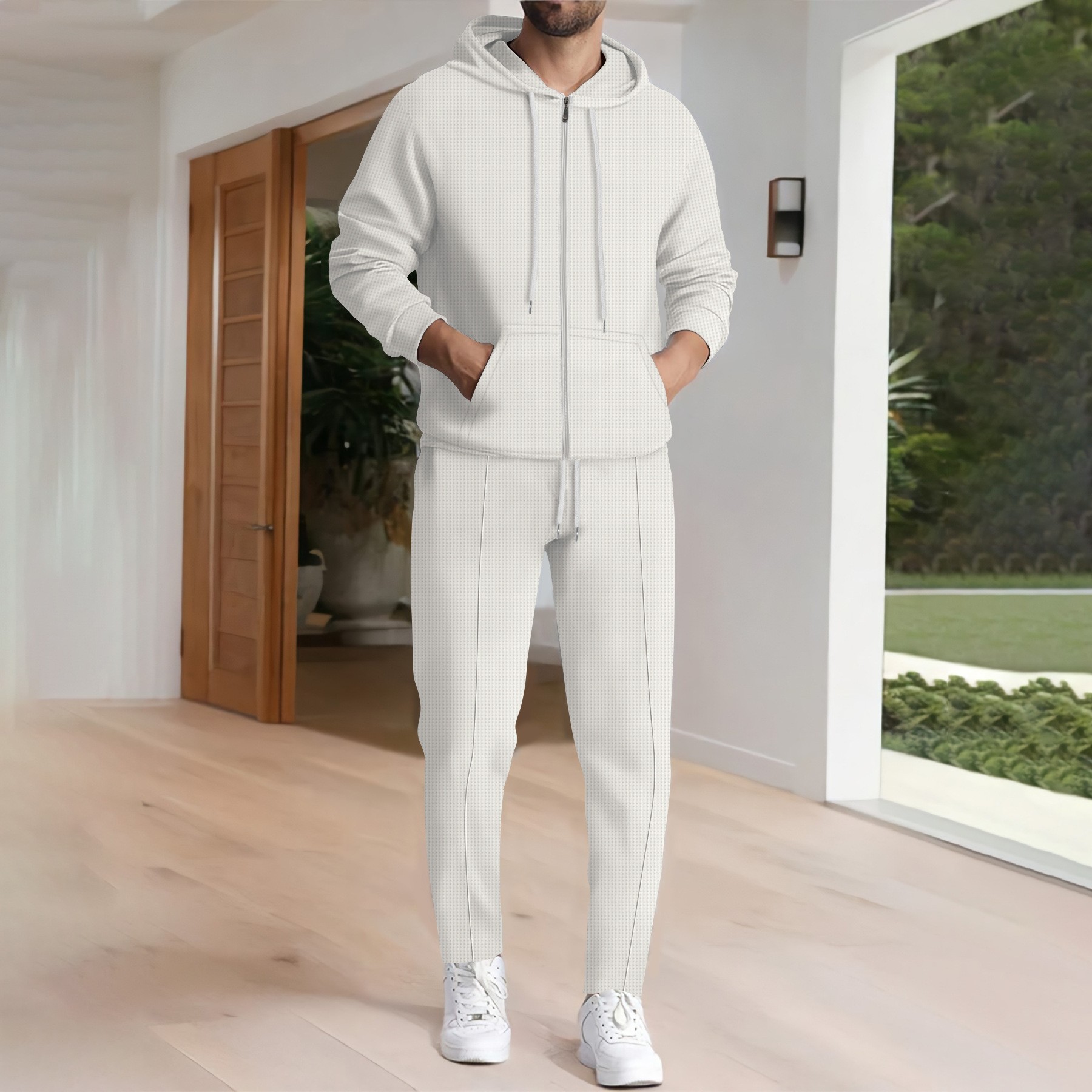 Conjunto de sudadera con capucha y pantalón deportivo de punto gofrado para hombre: chaqueta ligera con cremallera y bolsillos, y pantalón deportivo a juego para gimnasio y estilo urbano (blanco/gris)._voghion.com
