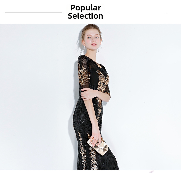 Black Mermaid Evening Gown Elegant Long Banquet Dress for Women Dignified Sophisticated Suitable for Presenters Performances_ecoleips.com