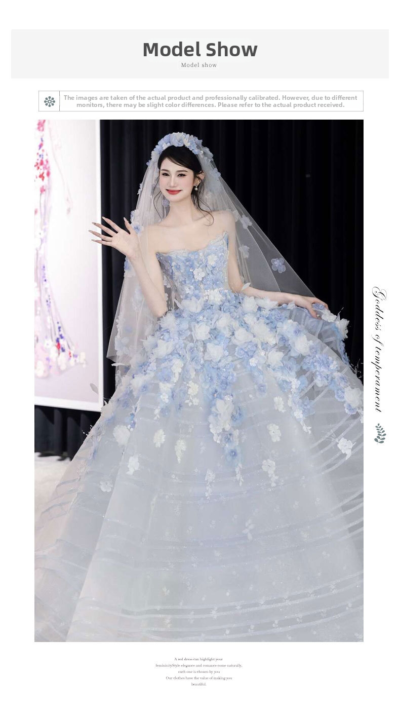 Blue Floral Strapless Evening Gown French Style Niche Emcee Banquet Dress Elegant Subtly Luxurious Princess Dress for Women_ecoleips.com