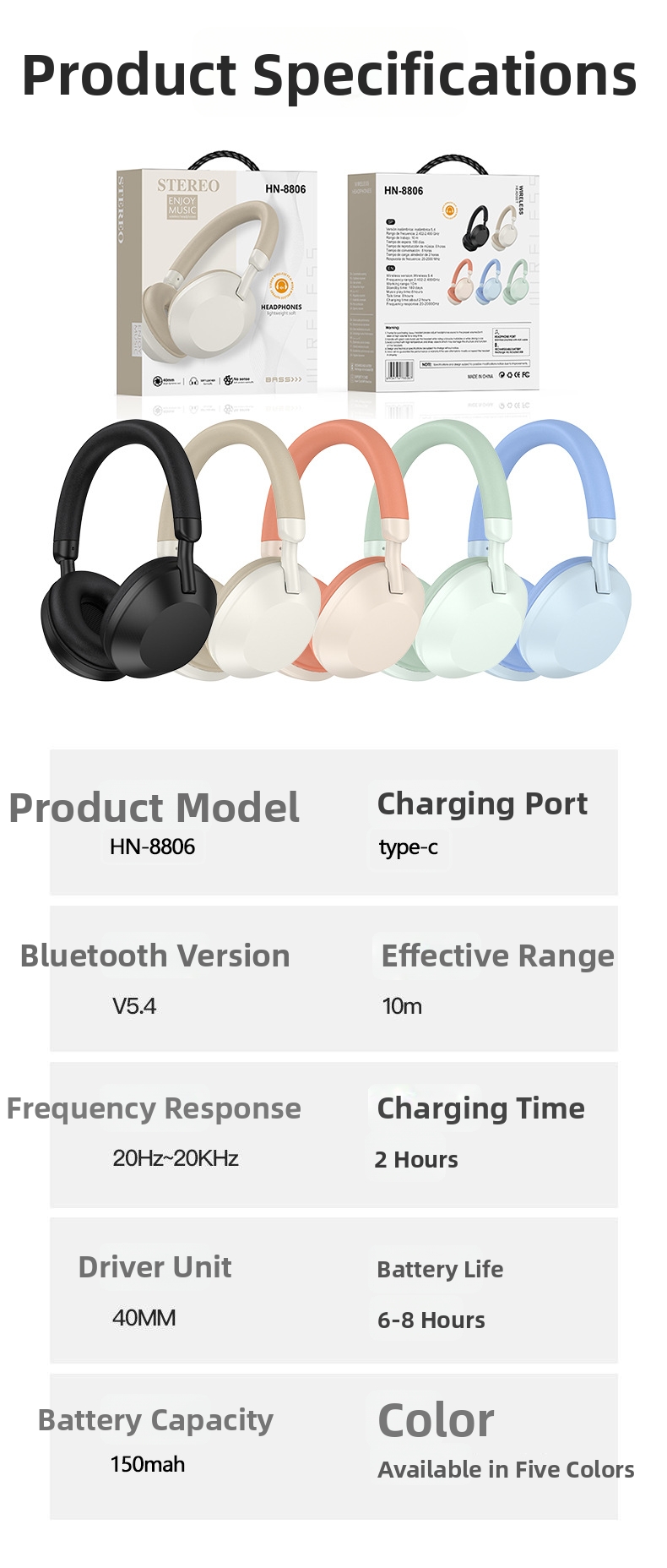 HN-8806 Wireless Bluetooth Headphones – Hi-Fi Stereo, FM Radio, Foldable Design, 20H Playtime (Black/Khaki/Blue/Green/Pink)​_voghion.com