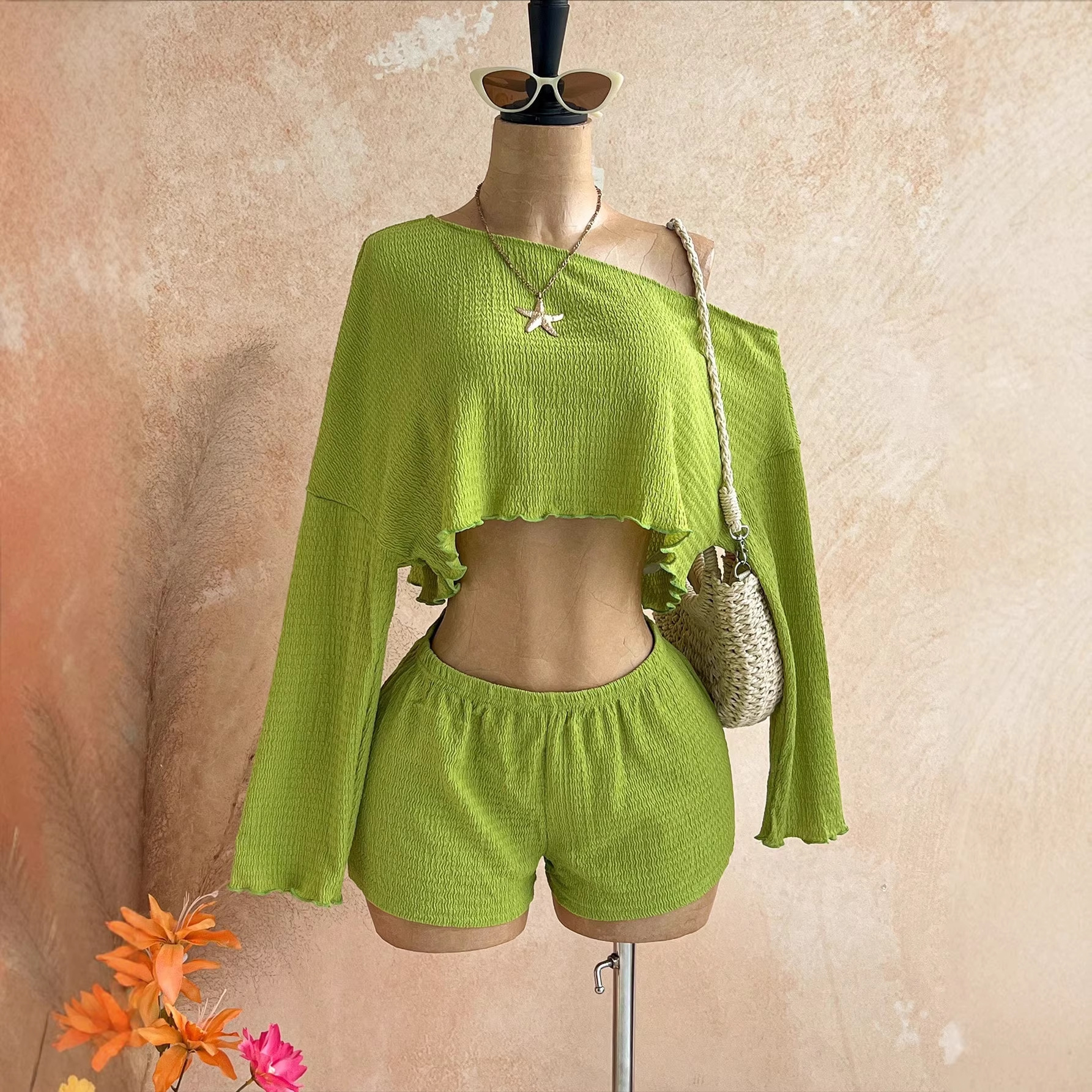 Women's American Style Summer Two Piece Set Asymmetrical Turtleneck Top With Shorts Spring/Autumn Suit_voghion.com