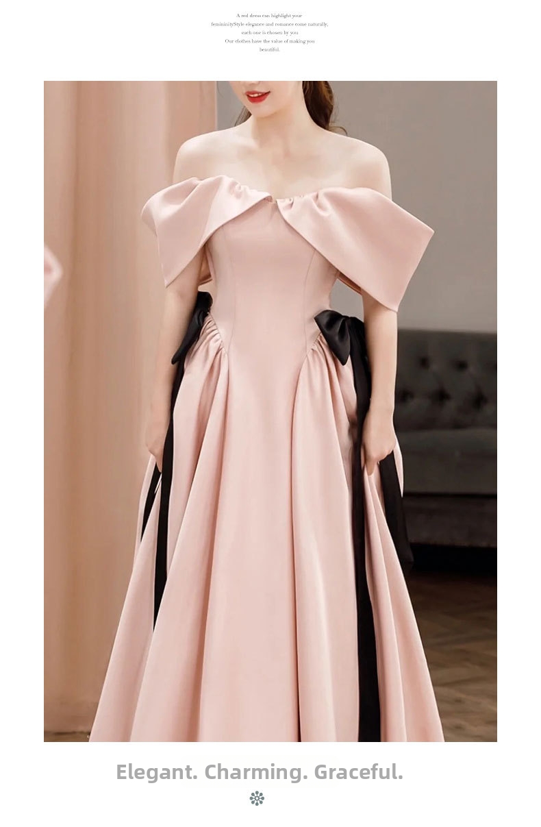 Elegante abito da sera in raso rosa con spalle scoperte per sposa_voghion.com