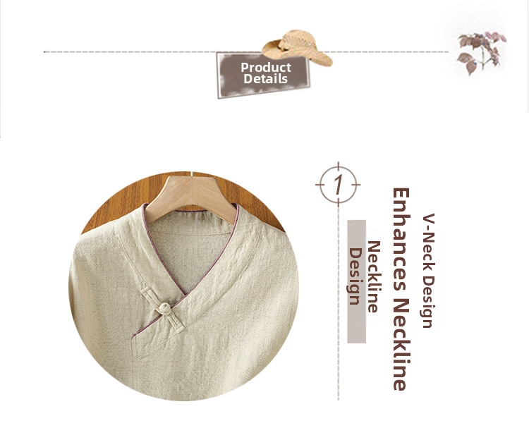 Blusa mujer estilo chino cuello v manga larga algodón y lino_voghion.com
