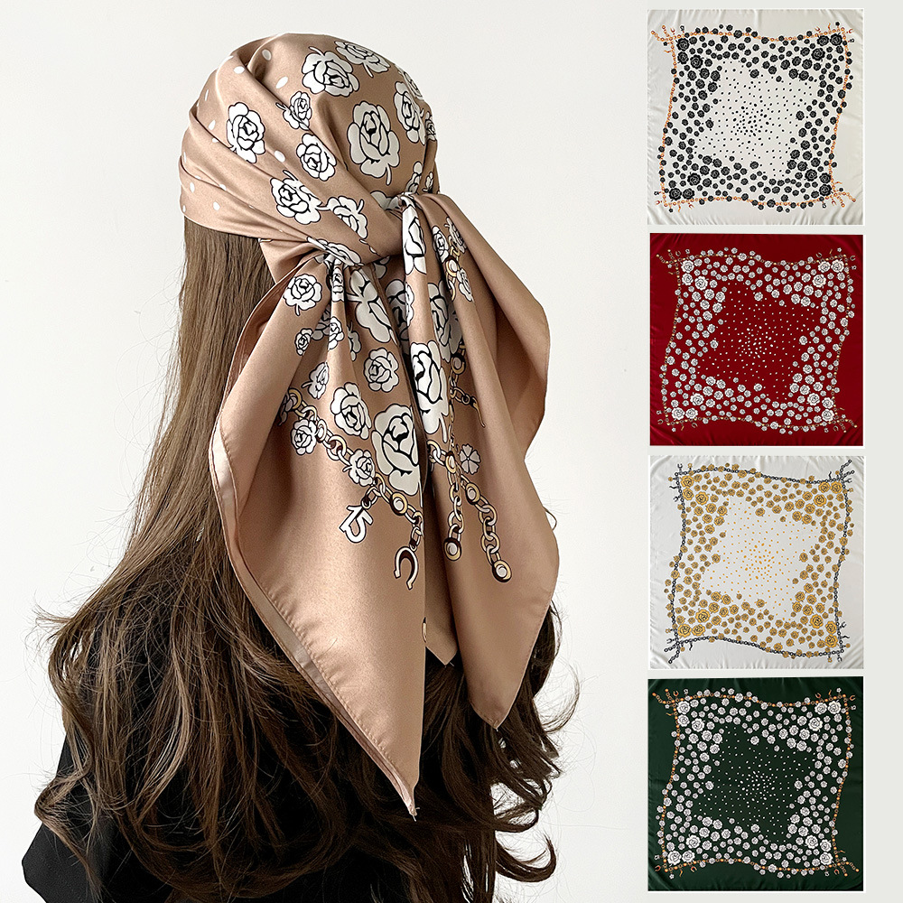 Modischer, bedruckter Seidentwill-Schal für Damen, quadratisch, 90 x 90 cm, hochwertiges Kopftuch, Reiseschal für Herbst und Winter_voghion.com