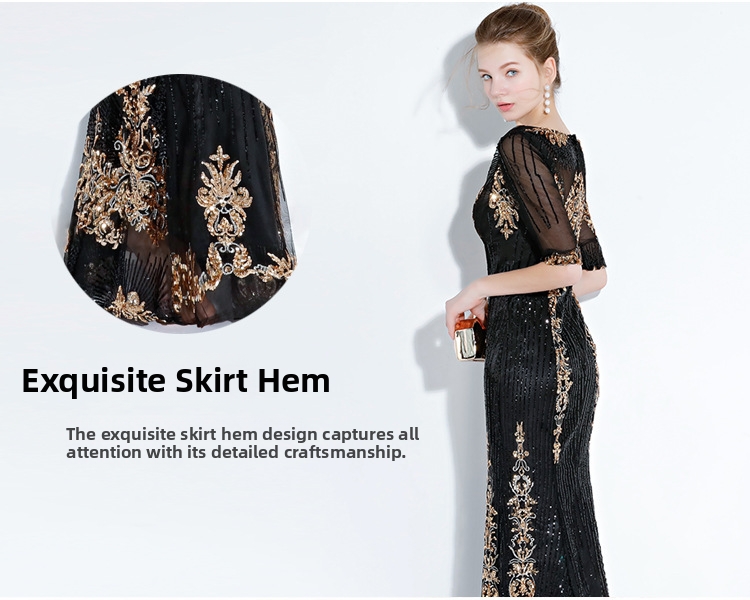 Black Mermaid Evening Gown Elegant Long Banquet Dress for Women Dignified Sophisticated Suitable for Presenters Performances_ecoleips.com