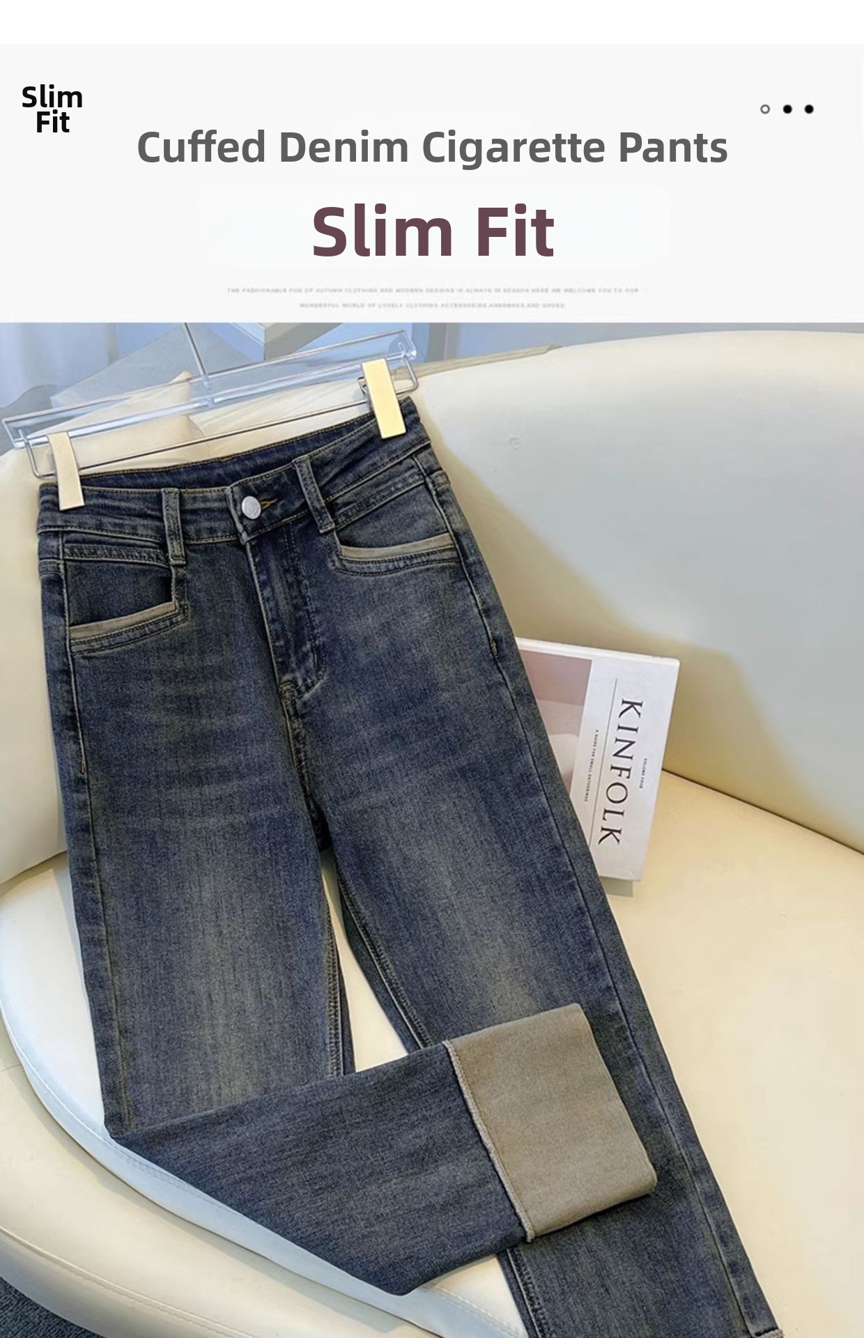 Women's Slim Fit Straight Leg Jeans Stretchy Cuffed Cropped Baguette Pants Spring Autumn Popular Style_mkmklike.com